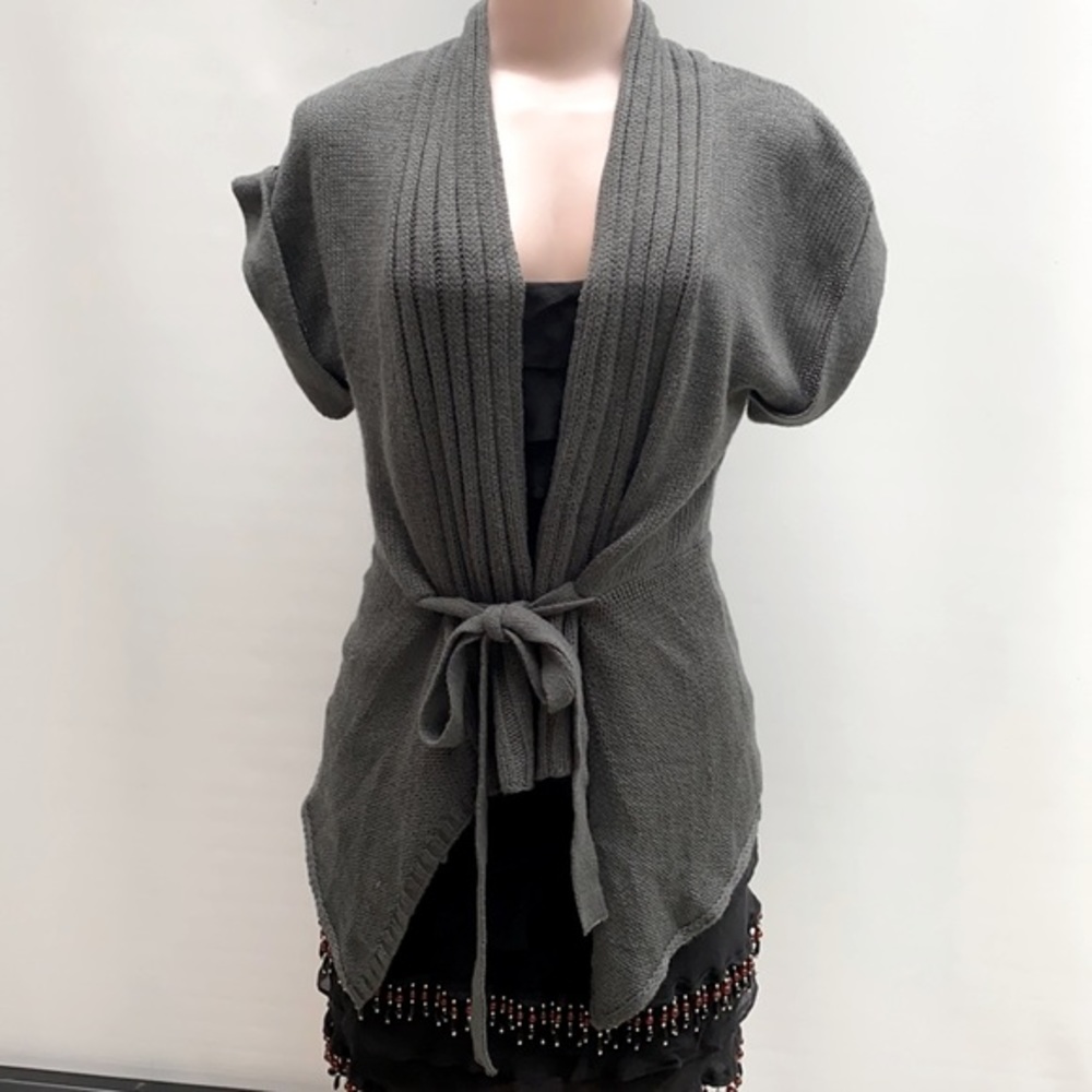 Red Paint Gray Belted Short Sleeve Cardigan Shawl Collar Size Large